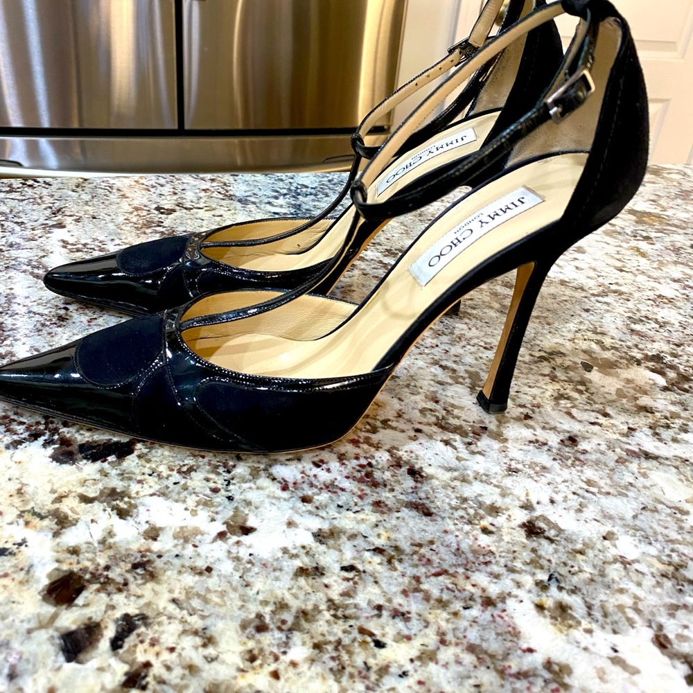 Jimmy Choo T strap patent leather with suede Polkadots